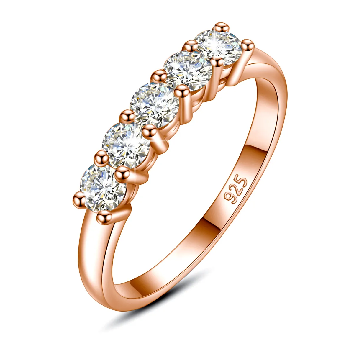 5-Steine-Moissanit-Diamantring für Damen, 3,5 mm, 0,2 ct, insgesamt 1 ct, Verlobungsringe, zertifizierte 14-karätige Roségoldfarbe, 925er-Silberschmuck