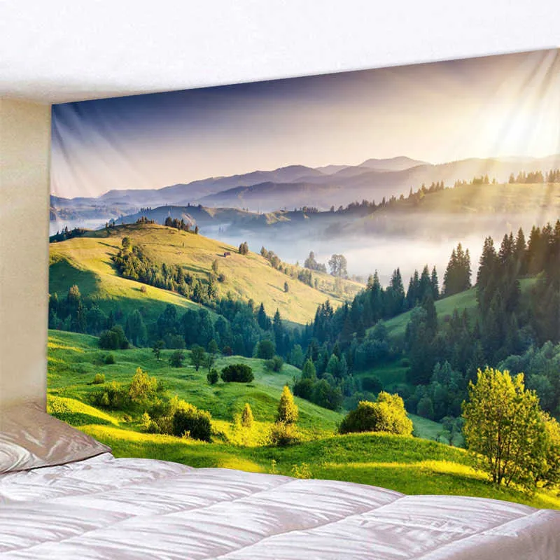 Belles montagnes boisées imprimées grande tapisserie murale hippie suspendue tapisseries bohème mandala art décor 210609