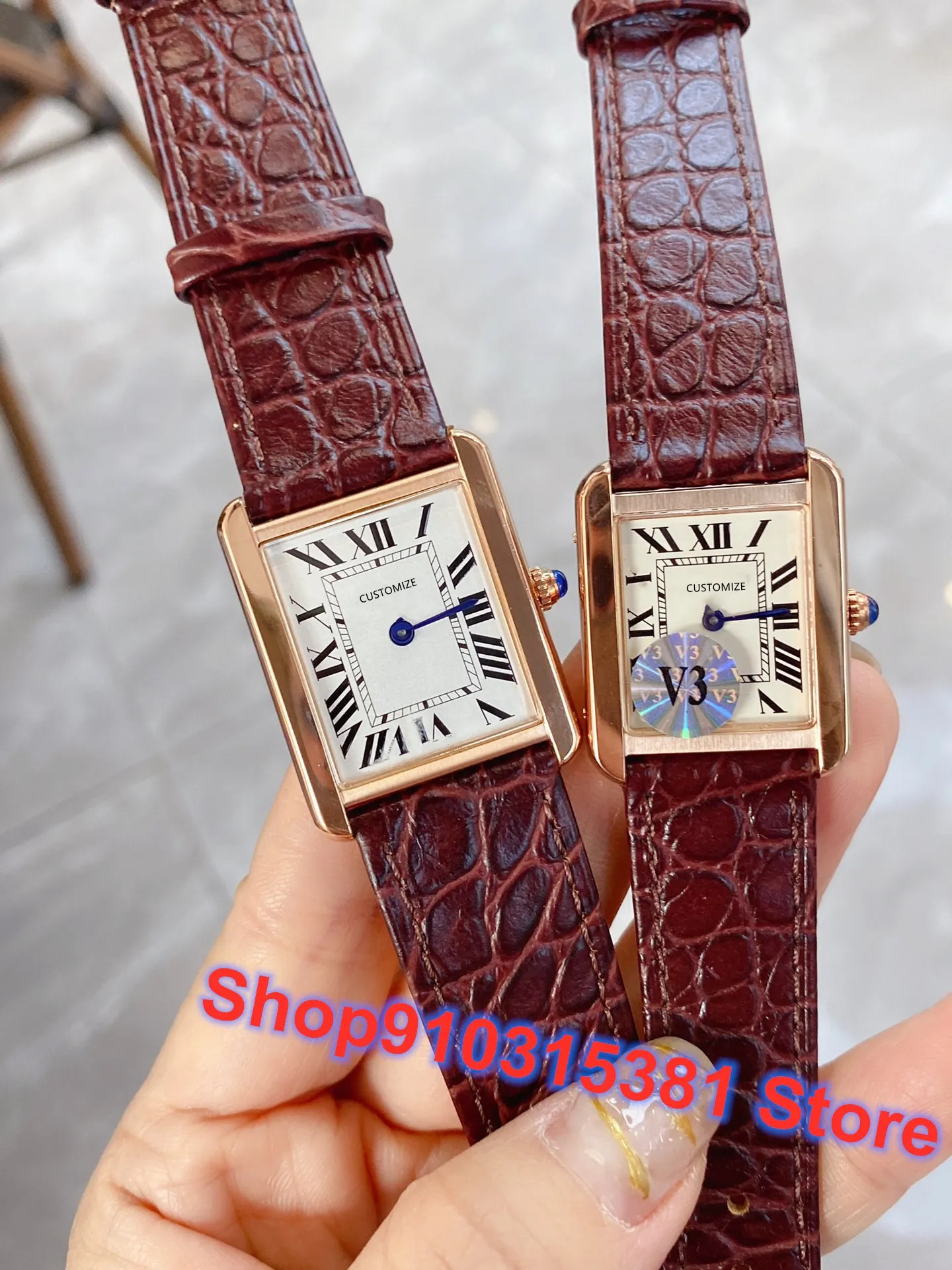 Classic Fashion Couple Quartz Clock Genuine Cow Leather Rectangle Watch Famous Brand Gold Roman Number Blue Needle Wristwatch