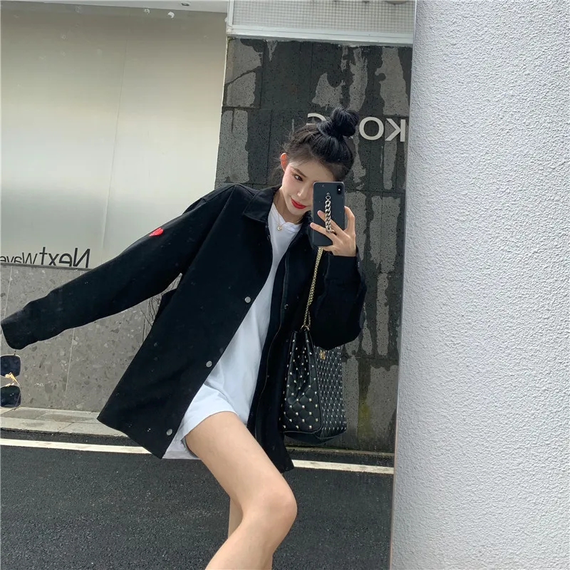 Kimutomo Casual Kadın Ceket Kore Safari Tarzı Bayanlar Kalp Nakış Turn-down Yaka Tek Göğüslü Siyah Streetwear 210521