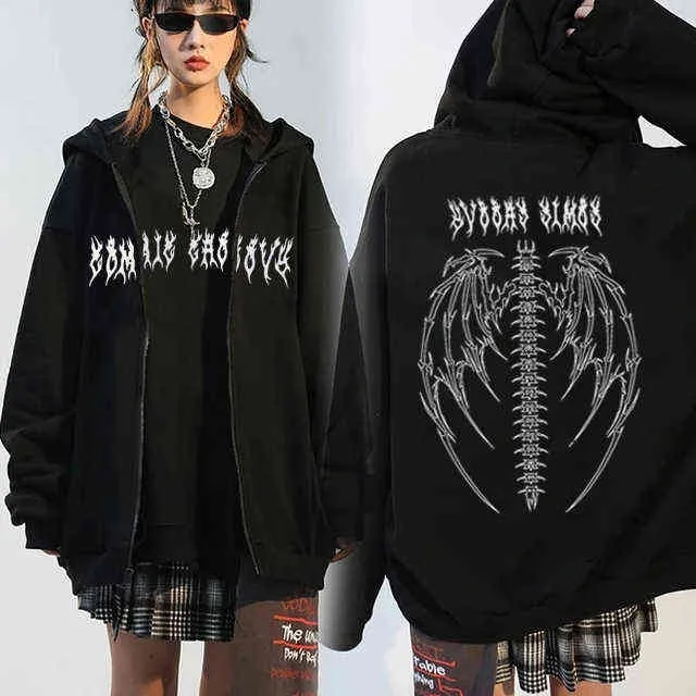 Dark Style Goth Par Hip Hop Harajuku Toppar Lover Skull Wing Evil Flame Print Hoodies Streetwear Sweatshirts Oversize 211103