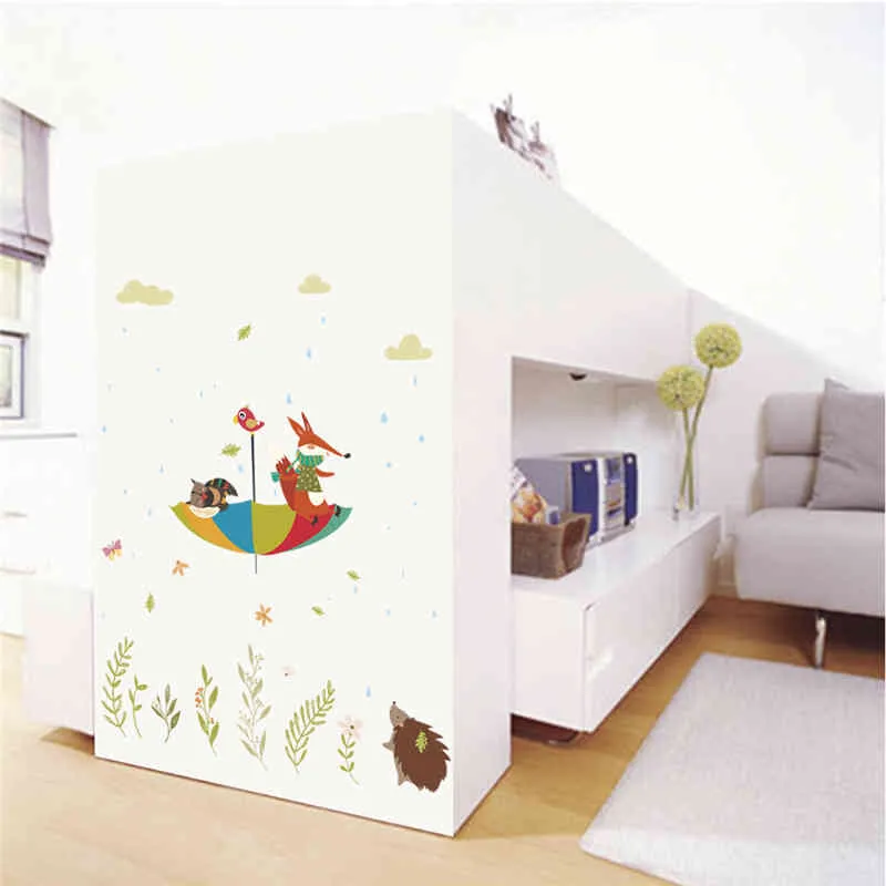 Mignon hibou renard oiseau parapluie sous la pluie stickers muraux pour chambres d'enfants décor à la maison animaux de dessin animé autocollants PVC mural art bricolage affiche 210420