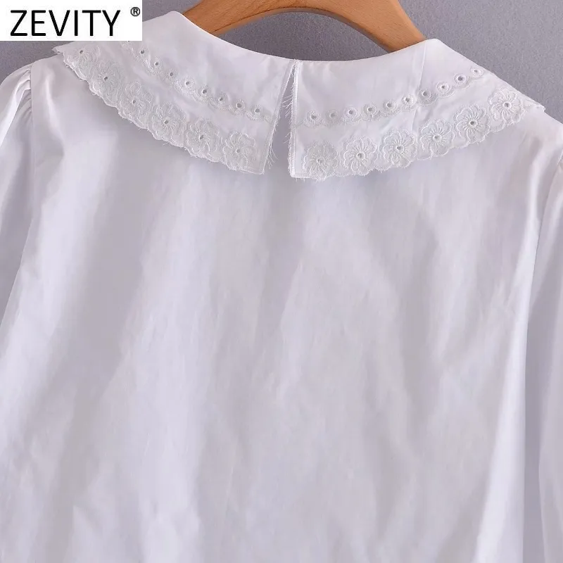 Mulheres moda oco out bordado giro para baixo colarinho blusa branco lady pérola botão camisa chique ruffles blusas tops ls9226 210420