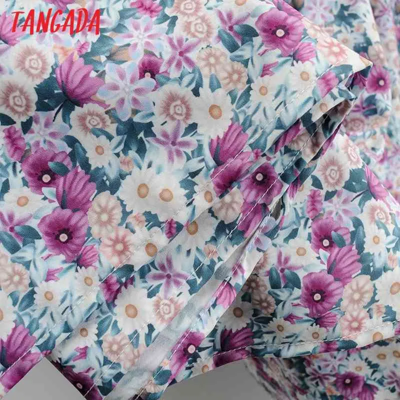 Tangada Femmes Plissées Fleurs Imprimer Robe Longue O Cou À Manches Courtes Été Dames Robe Robes SY211 210409