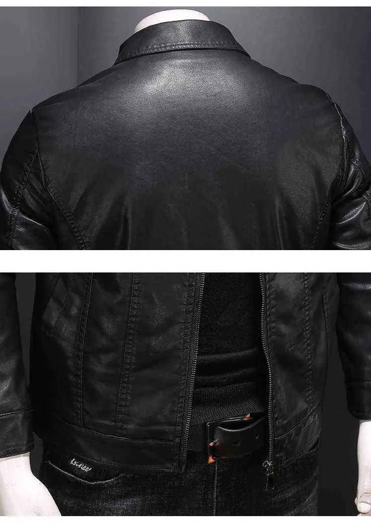 Czarne faux skórzane kurtki Męskie Moda Business Windbreaker Turn Down Collar Multi-Pocket Casual Slim Fit Biker Odzież Man 211111