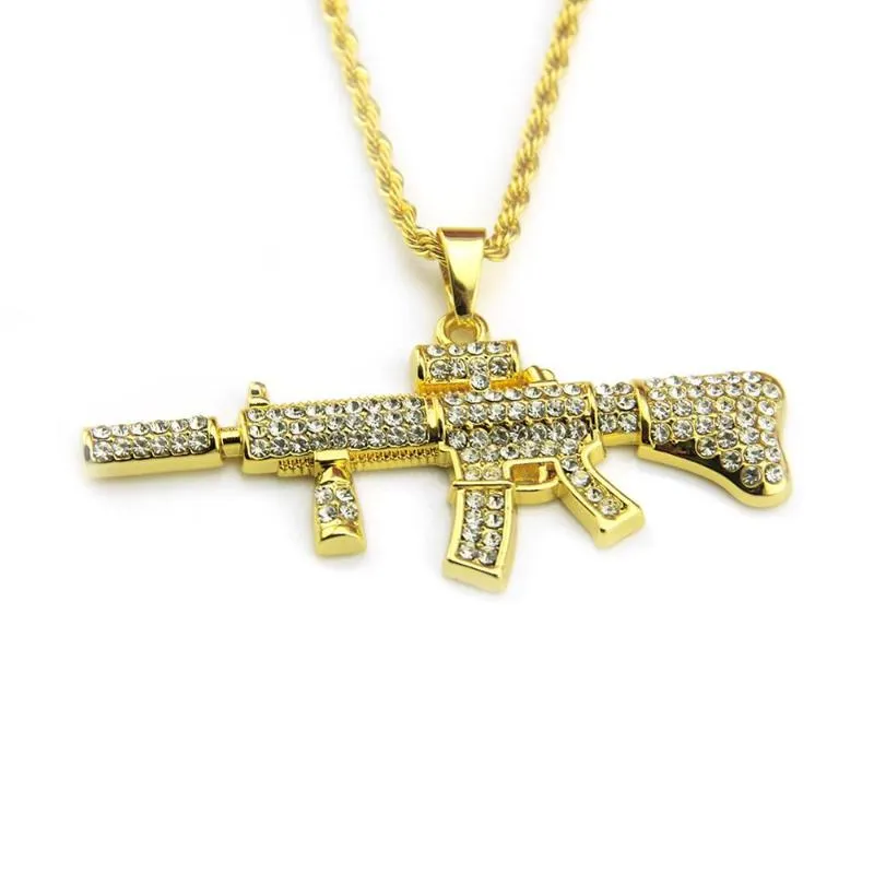 Collane con ciondolo Hip Hop Strass pavimentato Bling Iced Out Oro CS GO Collana con pendenti pistola uomo Rapper Gioielli Drop274s