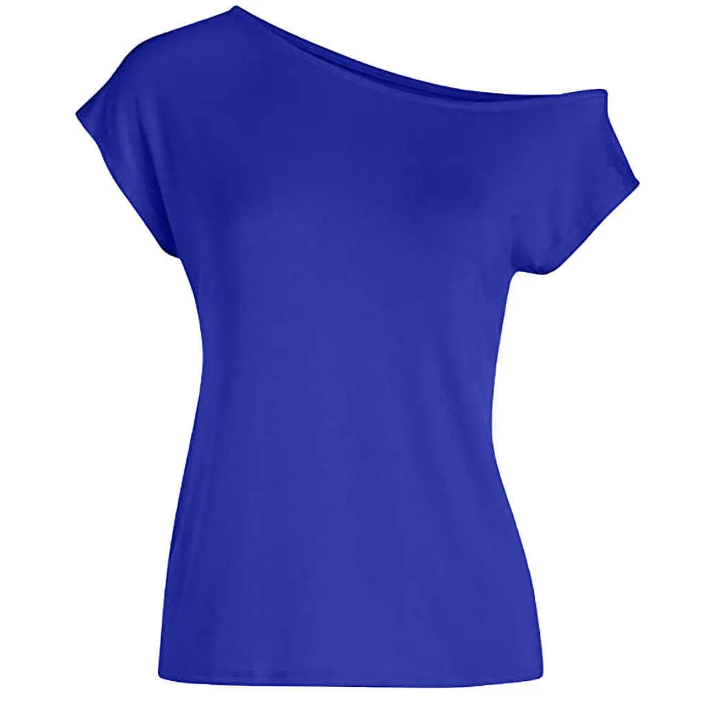 ファッションオフショルダーTシャツカジュアル女性Tシャツ固体緩いトップスレディース夏のトップス女性半袖シャツBlusas Pullover X0527