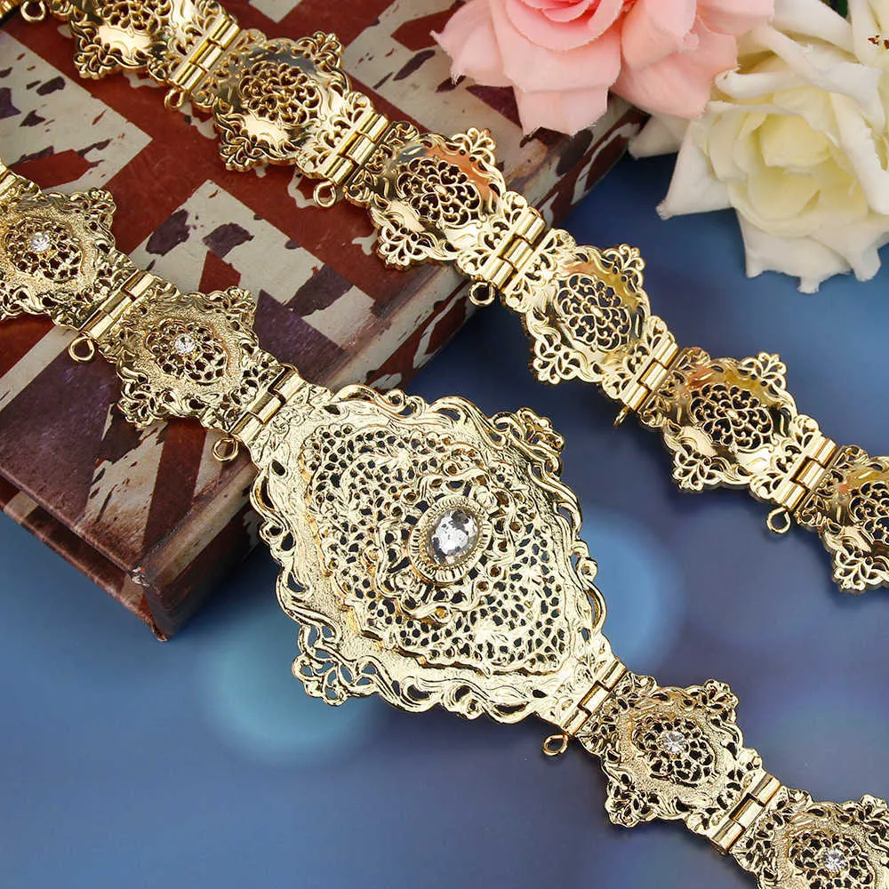 Sunspicems Morocco Caftan Jewelry For Women Gold Color Crystal Belt Bead Necklace Earring Booch Sets Arab Wedding Bijoux H1022