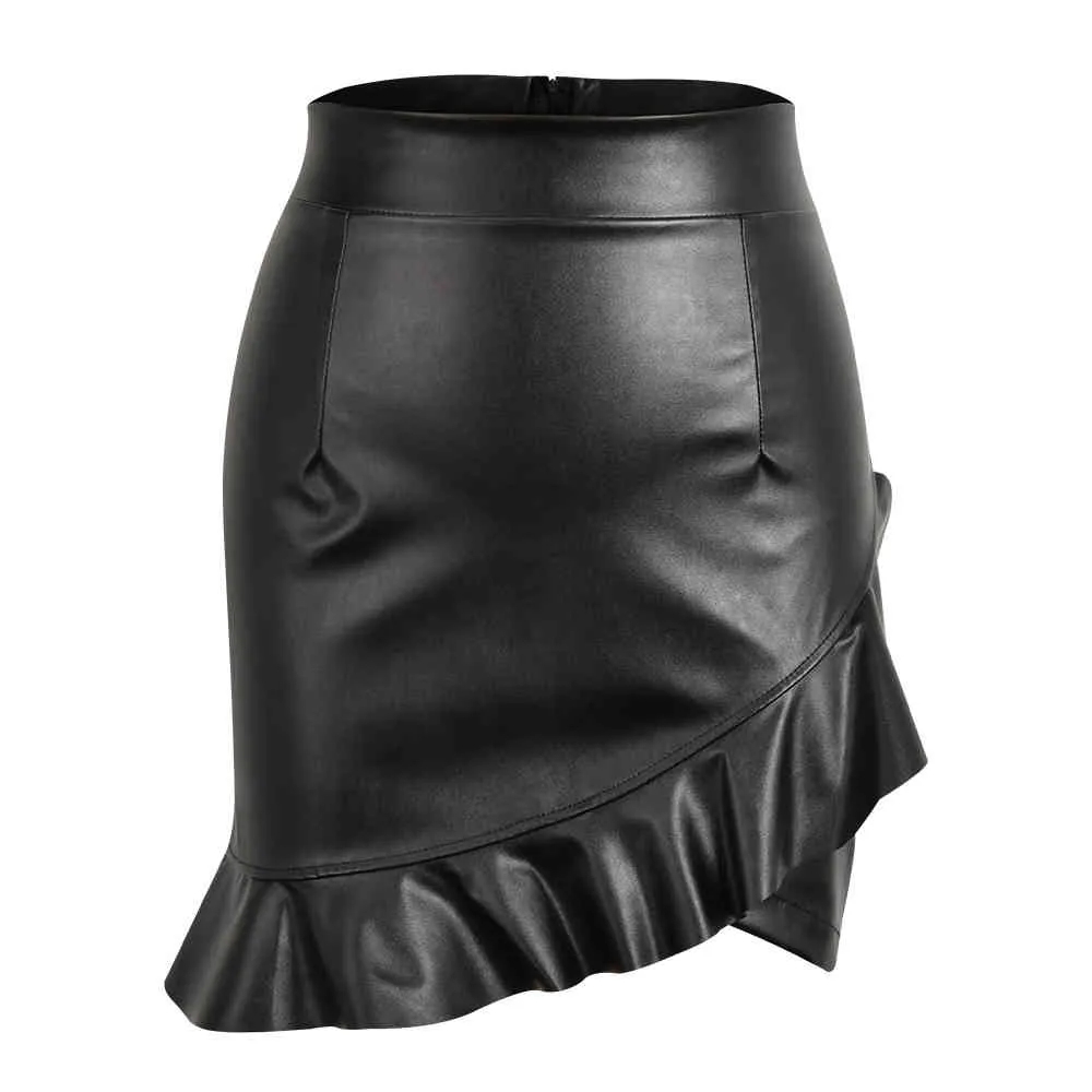 Sexy Bodycon Skirts Women Pu Leather Party Skirt Fashion Solid Irregular Faux Leather Skirt Female Ruffles Pencil Skirts D30 X0428