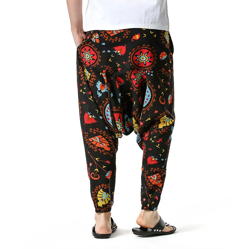 Män Kvinnor Bomull Harem Yoga Baggy Genie Boho Byxor Fashion Blom Print Drop Crotch Hippie Jogger Sweatpants Bomull Andas 210522