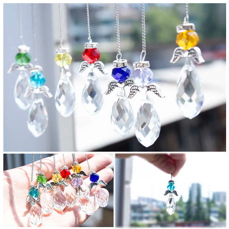 HD zestaw 7, wiszące kryształowy anioł stróż witraż Suncatcher Rainbow Maker zasłony okienne Ornament świąteczny prezent Home Decor Q0811