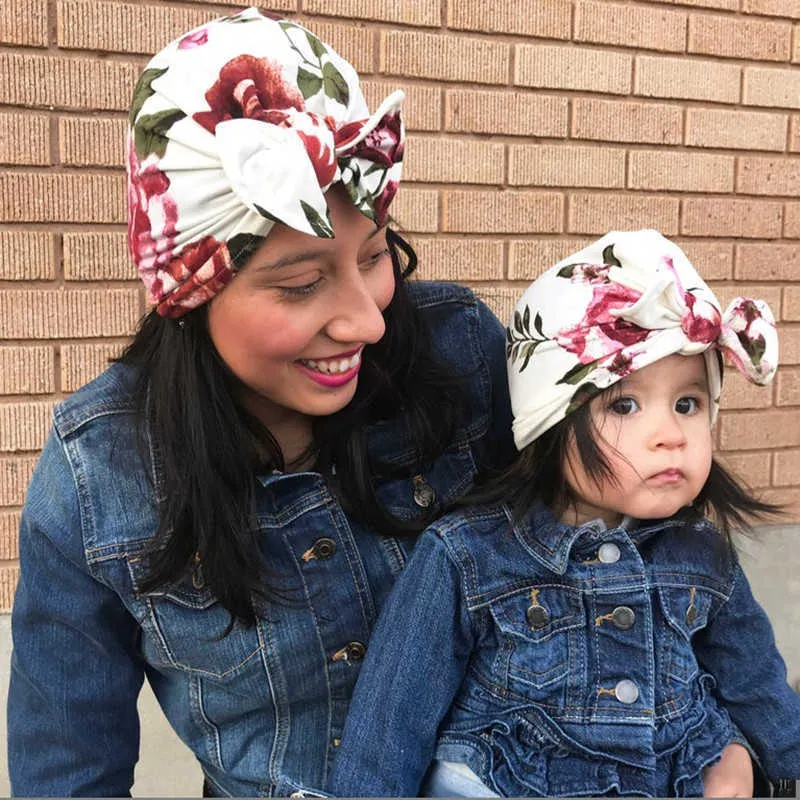 né Infantile Bébé Fille Garçon Maman Turban Chapeau Arcs Tête De Fleur Wrap Léopard Inde Chapeau Coton Cap Parent-enfant Costume Beanie 211023