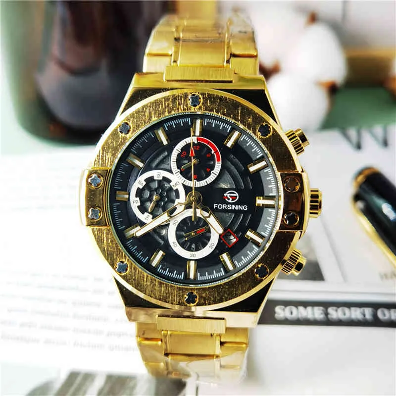 Granining Goldene Herren Mechanische Automatische Uhr Racing Car Design 3 Sub-Dial-Datum Military Armbanduhr Uhr Relogio Masculino