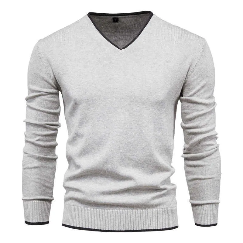 Mannen Herfst Trui V-hals Pullovers Mode 100% Katoen Effen Kleur Lange Mouw Slanke Sweaters Navy Knitwear 211006