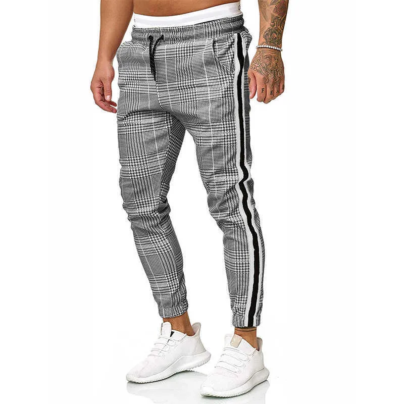 Streetwear Ekose Pantolon Erkekler Joggers Rahat Moda Ince Şerit Kore Tipi Hip Hop Pantolon Erkek 210715