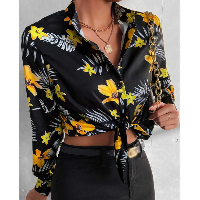 Женская элегантная модная рубашка осенняя мода Топ -цветочный принт с передним рукавом, повседневная блузка 210716