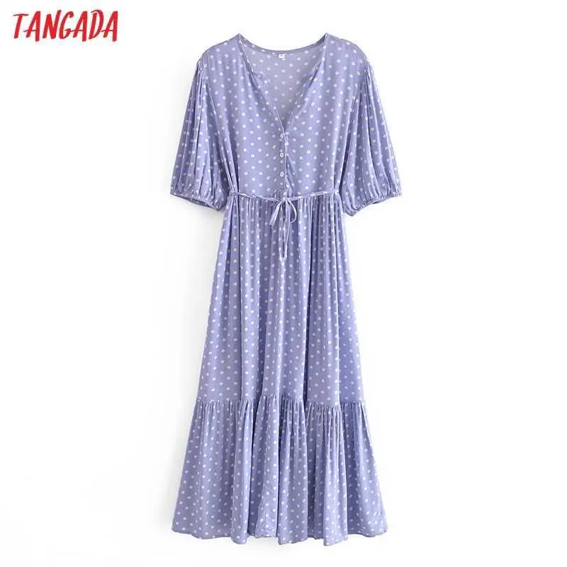 Tangada Mode Femmes Jaune Dots Imprimer Robe d'été en vrac à manches courtes High Street Dames Robe Midi QN69 210609