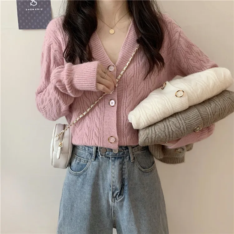 H.SA Women Sweet Twisted Jacket Button Up Pink Sweater Outfit Knit Slim Korean Cardigans Mujer 210417