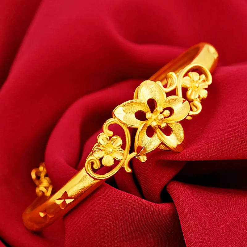 Manschette Armreif mit Blumenmuster Design 18K Gelbgold gefülltes Engagement Braut Frauen Armband Geschenk 307y