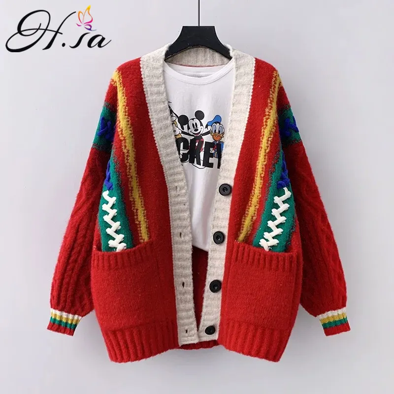 H.SA Frauen Frühling Strickjacken V-Ausschnitt Schulterfrei Übergroßer Pullover Mantel Rot Twisted Gestrickte Lange Jacke Lolita Tops 210417