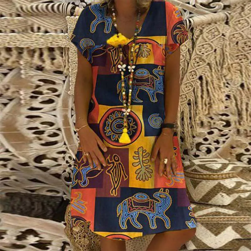 ZANZEA Women Summer Short Sleeve Cotton Linen Dress Vestido Robe Kaftan Femme Vintage V neck Floral Printed Party Sundress 5XL X0521