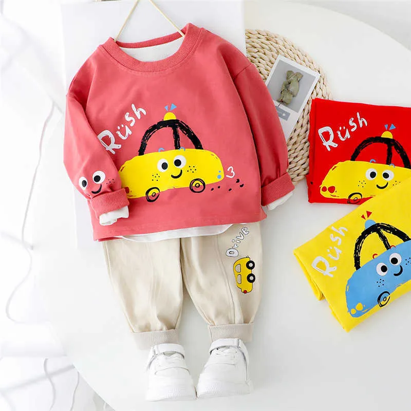 0-5 years 100% Cotton boy girl clothing set spring active cartoon casual kid suit children baby T-shirt+pant 210615