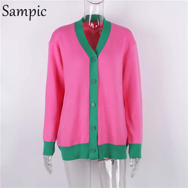 SAMPIC LOUS PATCHWORK KNITTWEAR Vinter kvinnor Cardigans Tops Oversized Långärmad Y2K V Neck Sweater Casual Fashion 210914