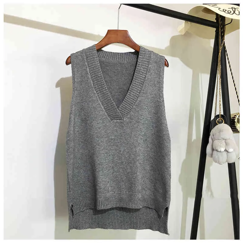 Höst och vinter Koreansk Loose Wild Sweater Fashion V-Neck Knitted Vest Kvinnors Ärmlös 11864 210508