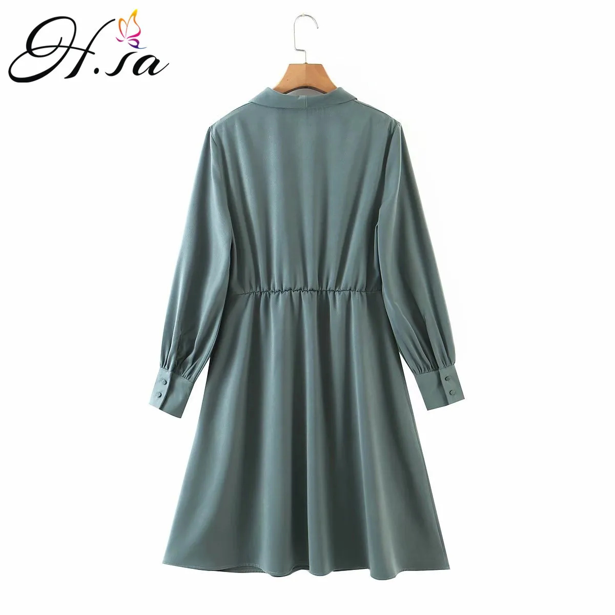 H.SA mode européenne femmes à manches longues élégant col cranté formelle cheville longueur robe armée vert solide OL Vestidos 210417