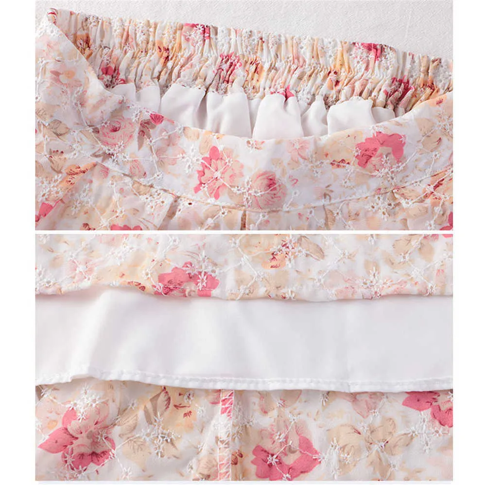 Falda larga bordada con estampado Floral de flores para mujer, falda Midi de cintura alta coreana blanca rosa de chifón para mujer 210619
