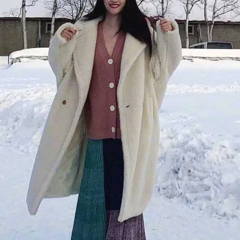 Frauen Winter Faux Pelz Warme Lange Mantel Vintage Langarm Weibliche Dicke Teddybär Mantel Casual Lose Übergroßen Outwears 210910