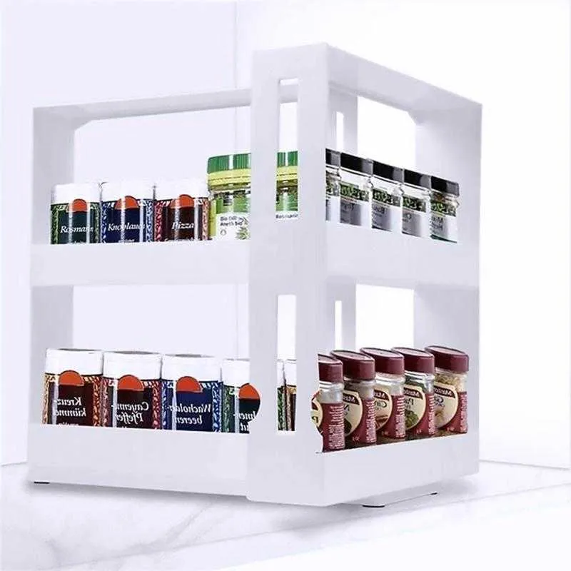 2 Tier Slim Slide Rotatable Push-pull Rack Food Storage Shelves Kitchen Trolley Cabinet Caddy Spice Rack Kitchen Accessories 210705