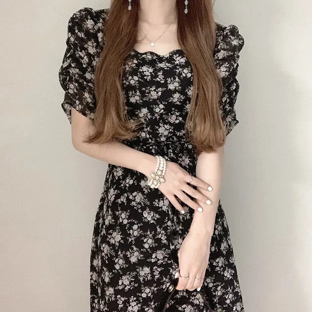 Korea Elegance Women's Summer Floral Printted Square Collar Puff Sleeve Runway Vestidos Draped Lace Up Slim Beach Casual Dresses 210514