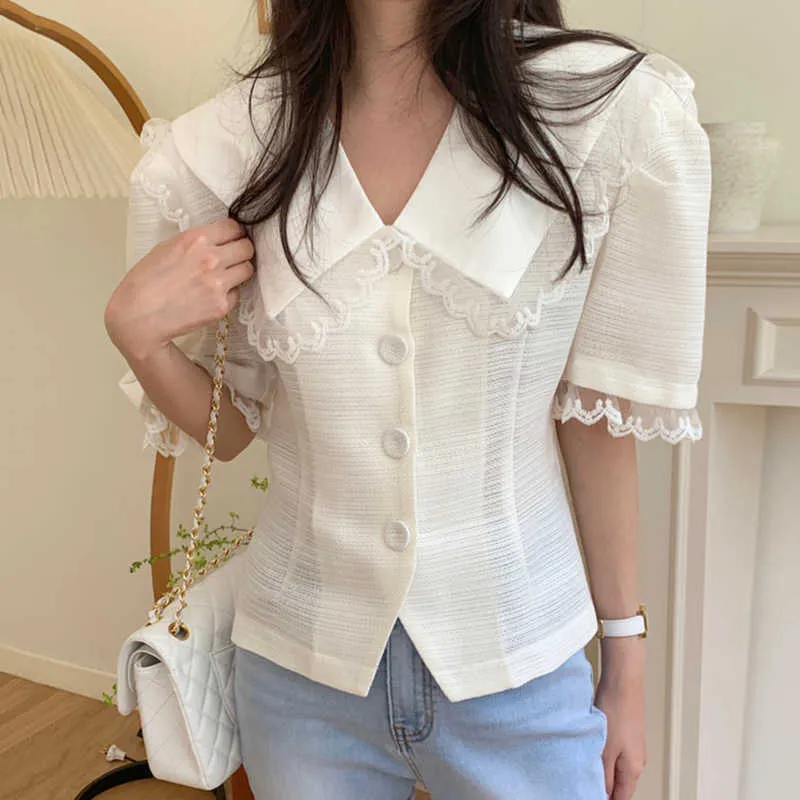 Korjpaa Kvinnorskjorta Sommar Korea Chic Retro Temperament Lace Doll Collar Stitching Single Breasted Thin Puff Sleeve Blus 210526