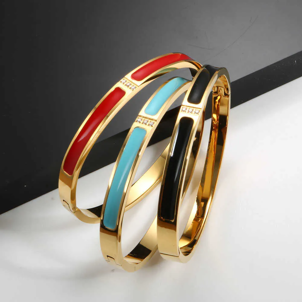 Mode Vrouwen Emaille Bangle Armband CNC CZ Crystal Gold met Zwart Rood Blauw Kleurrijke Bangle Armband Voor Vrouwen Sieraden Gift Q0719