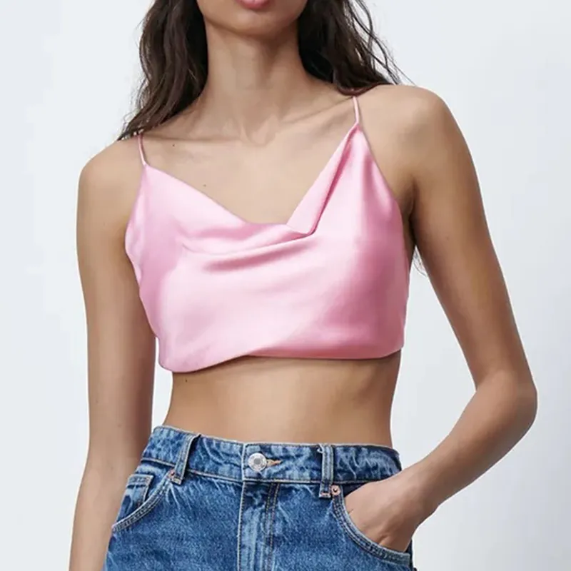 ZA Sexy Satin Crop Tops Women Wireless Bralette Crochet Top Female Spaghetti Strap T-shirt Cropped With Chest Padded Camisole 210422