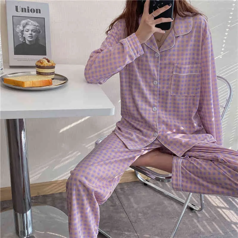Nachtwäsche Frauen Lose Plaid Homewear Baumwolle Chic Femme Vintage Süße Casual Weiche Farbe-Hit Pyjamas Sets 210525