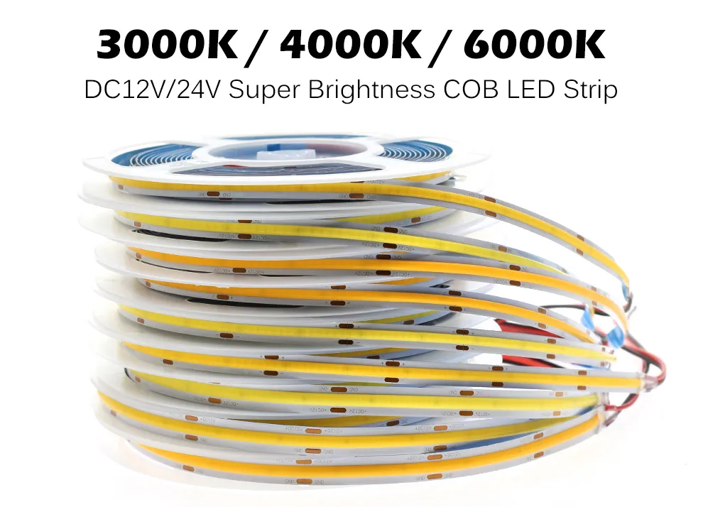 COB LED 스트립 라이트 고밀도 FOB COB 유연성 LED 조명 RA90 3000K 4000K 6000K LED 테이프 DC12V 24V 5MLOT3679917