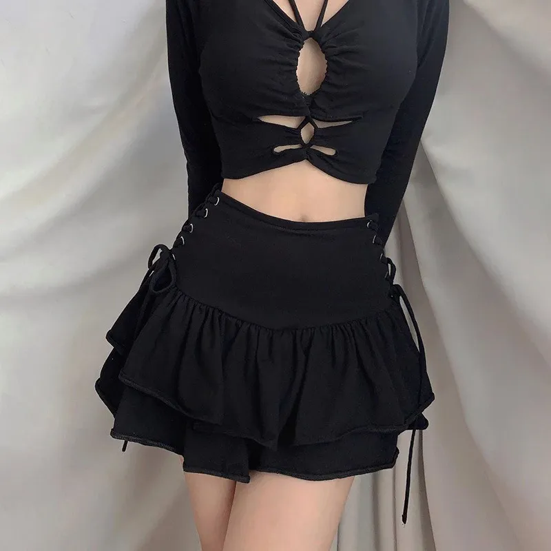 AltGirl Streetwear Mall Goth Mujeres Harajuku Y2k E-girl Cintura alta Vendaje Mini falda Dark Gothic Punk Emo Alt Club Wear