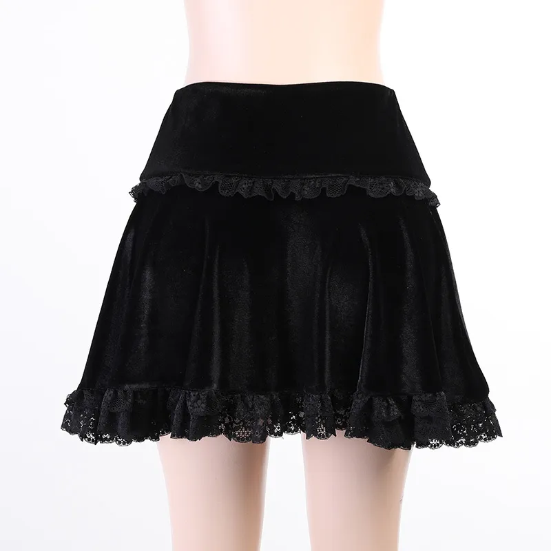 Women Gothic Black Lace Trim Skirt Female Embroidery Cross Sexy Dark Patchwork Punk Fleece Skirts Summer Y2K Clothes 210517