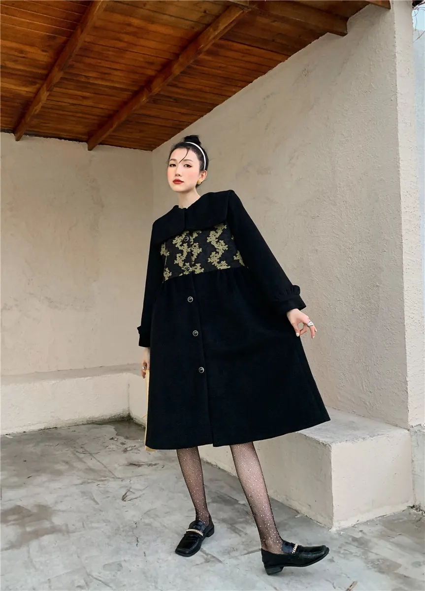 Hiver Laine Manteaux Et Vestes Femmes Noir Patchwork Bouton Long Tweed Veste Dames Coréenne Mode Survêtement 210427