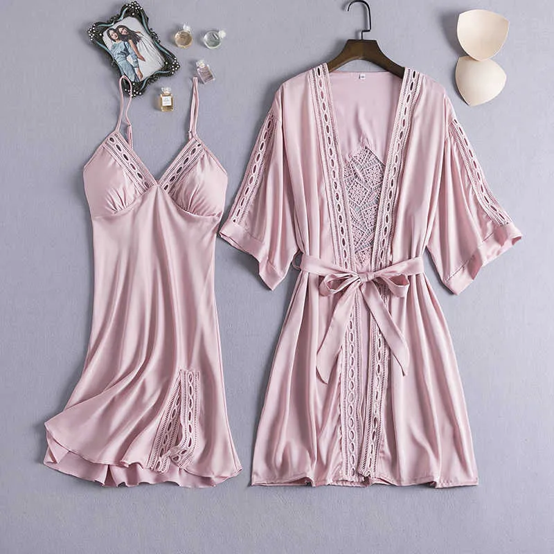 Conjuntos de pijamas sexis para mujer, conjunto de ropa de dormir de seda  sintética, vestido de noche con bordado de encaje, bata con cinturón, ropa  de dormir, batas de boda, camisón 