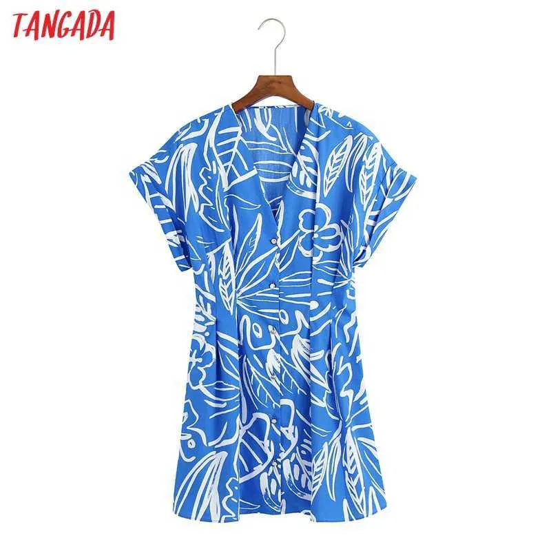 Tangada verano mujer azul estampado floral estilo francés vestido de manga corta señoras túnica mini vestido Vestidos 6Z104 210609