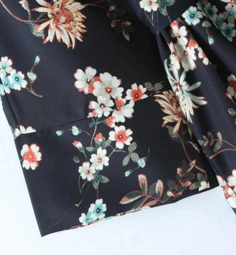 Bohemian Women Black Flower Print Kimono Shirt Holiday Beach Tide Bow Swashes Mid Long Cardigan Chiffon Blouse Boho Tops 210429