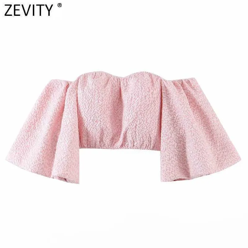 Zevity Kobiety Sexy Off Ramski Różowy żakardowy Różowy Smock Bluzka Kobieta Latarnia Rękaw Krótka Koszulka Chic Blusas Topy LS7674 210603