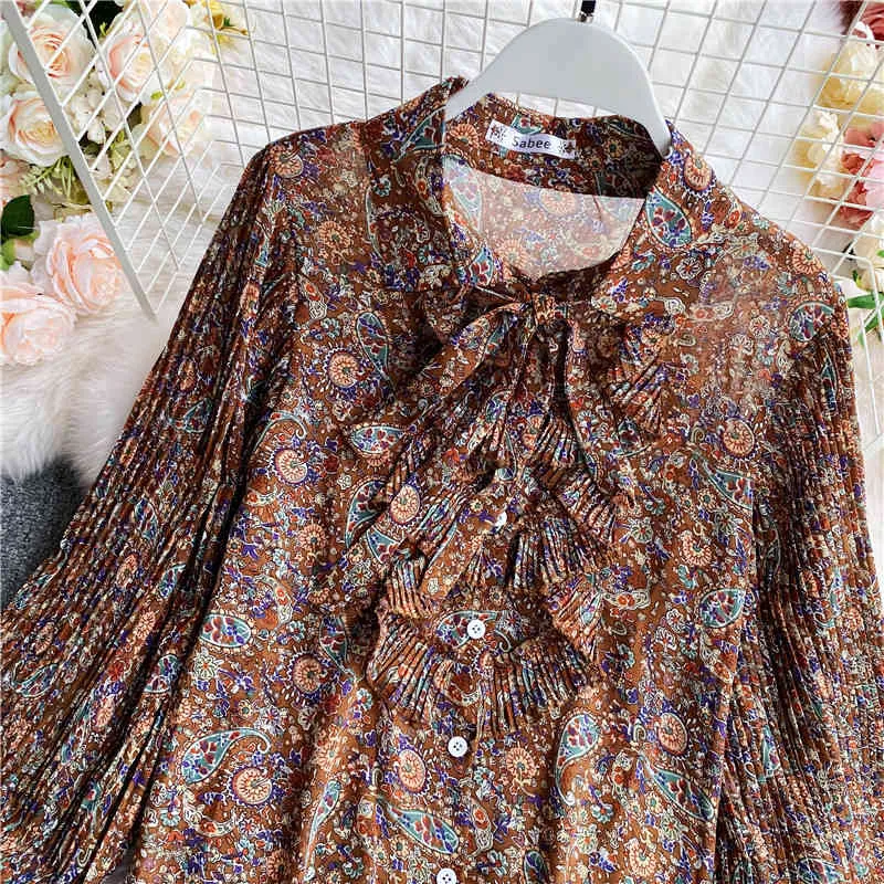 Spring and Autumn Style Pleated Ruffled Slim Fit Retro Print Chiffon Shirt Loose Fashion Temperament Blouse Women UK228 210507