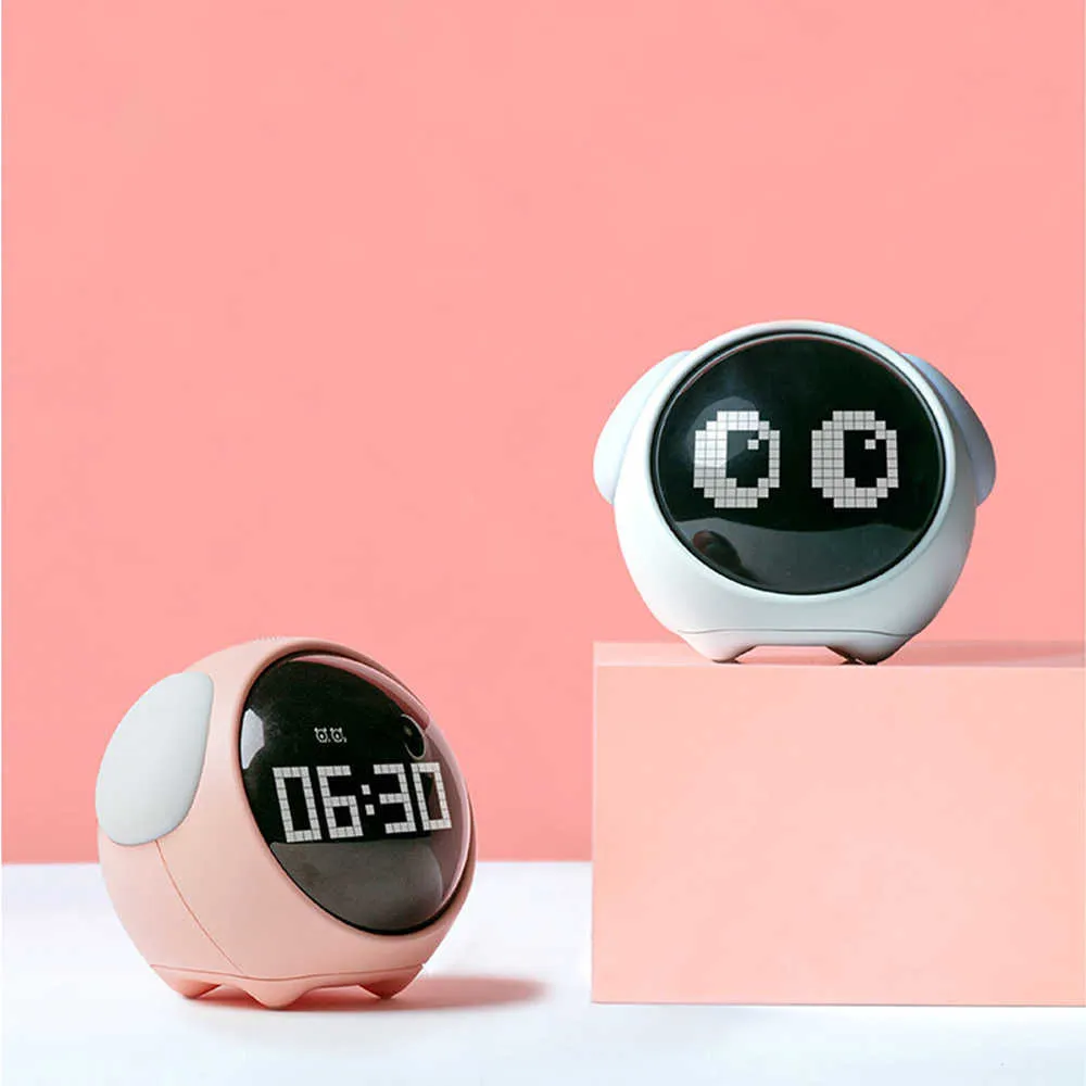 Bonita expresión de reloj despertador para niños con luz nocturna Control de sonido Snooze mesita de noche multifuncional 210804