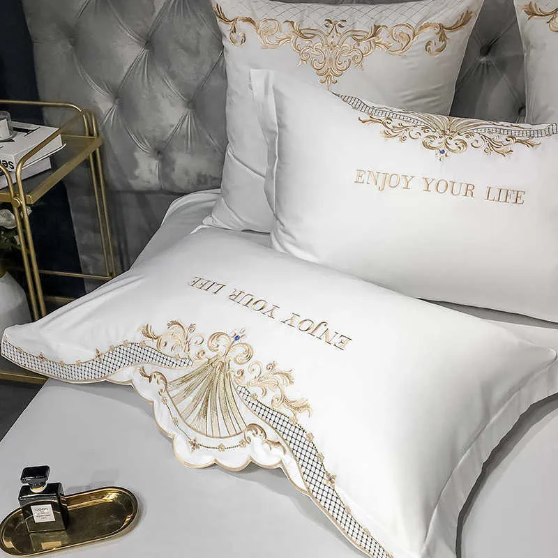 Luxury White 600TC Egyptian Cotton Royal Embroidery Bedding Set Duvet Cover Bed sheet Bed Linen Pillowcases #/L 211007