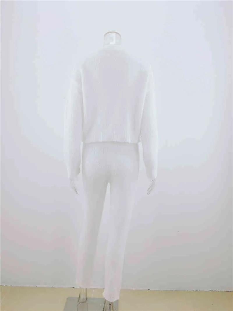 Foridol Örme Kabarık İki Adet Kadın Suits Sonbahar Kış Uzun Pantolon Setleri Beyaz Bulanık Kazak Setleri Rahat Suits 210415