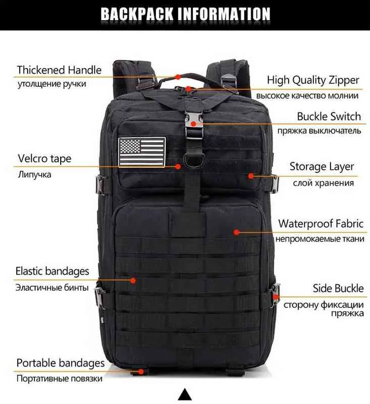 30L;/50L Large Capacity Men Army Military Tactical Backpack 3P Softback Outdoor Waterproof Bag Hiking Camping Hunting Bags 211224